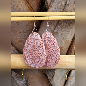 Elegant Oval Knit Earrings Pink Hand Dyed Yarn Purple Cotton
